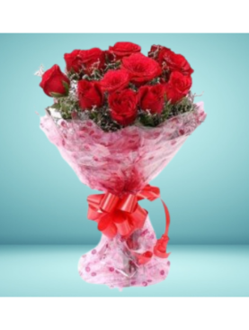 Floralbay Red Roses Bouquet Fresh Flowers in Cellophane Wrapping (Bunch of 15)