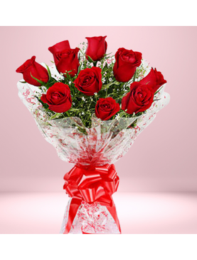 Floralbay Red Roses Bouquet Fresh Flowers in Cellophane Wrapping (Bunch of 8)