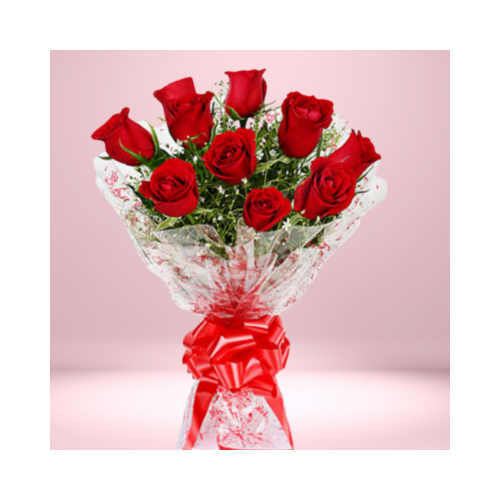 Floralbay Red Roses Bouquet Fresh Flowers in Cellophane Wrapping (Bunch of 8)