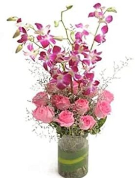 Pink Roses and Orchid Arrangement in Glass Vase